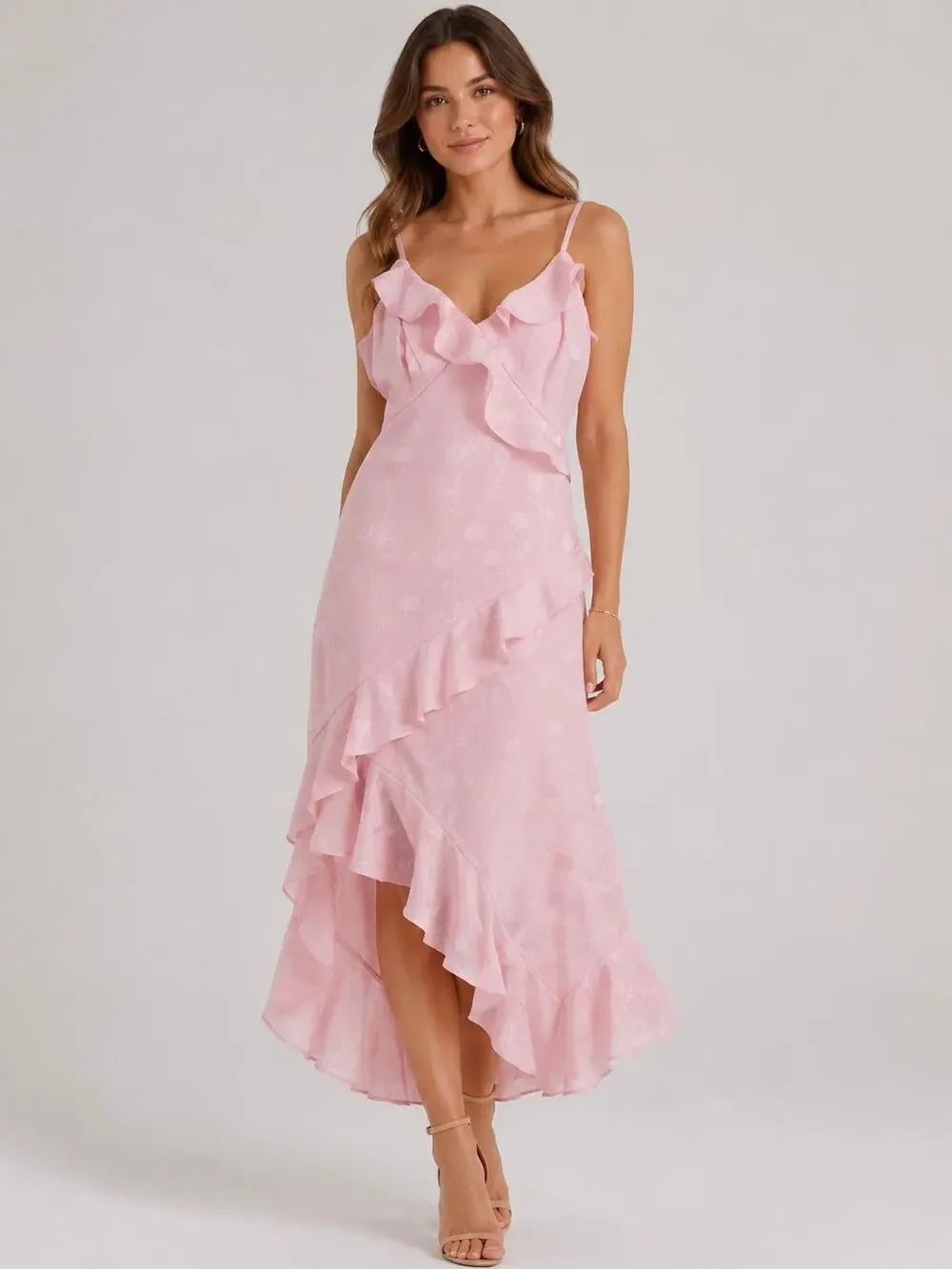 Japna Ruffle Midi Dress Satin Floral Jacquard Cottagecore Y2k Asymmetric Pink - Picture 1 of 9